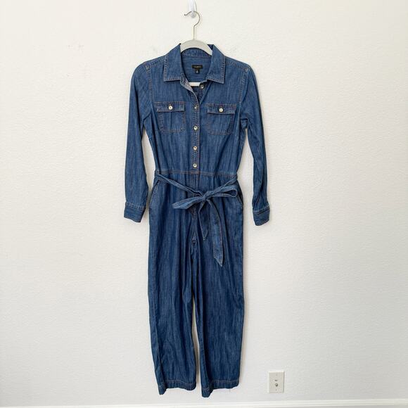 [Talbots] Blue Denim Moonlight Wash Utility Jumpsuit Long Sleeves Cotton Size XS - Picture 2 of 12